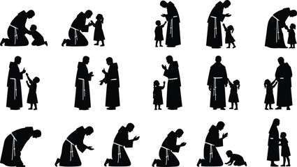 Silhouette illustration of priest interacting with child in various poses, guidance, blessing, teaching moments, compassion, faith, spirituality, religious mentoring artwork
