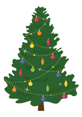 Christmas tree flat vector illustration with colorful baubles, golden lights, sparkling accents and classic holiday ornaments for winter celebration design, greeting cards, posters and festive decor