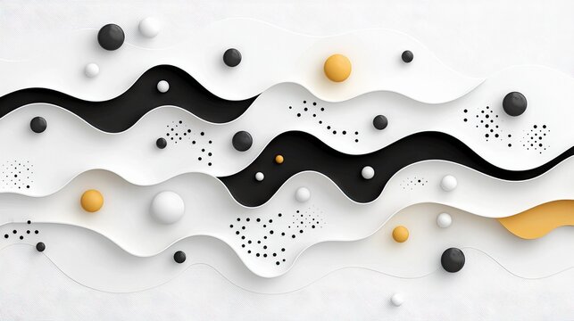 An abstract composition featuring layered white, black, and yellow wave shapes with scattered spheres. The design has a modern and minimalist aesthetic.