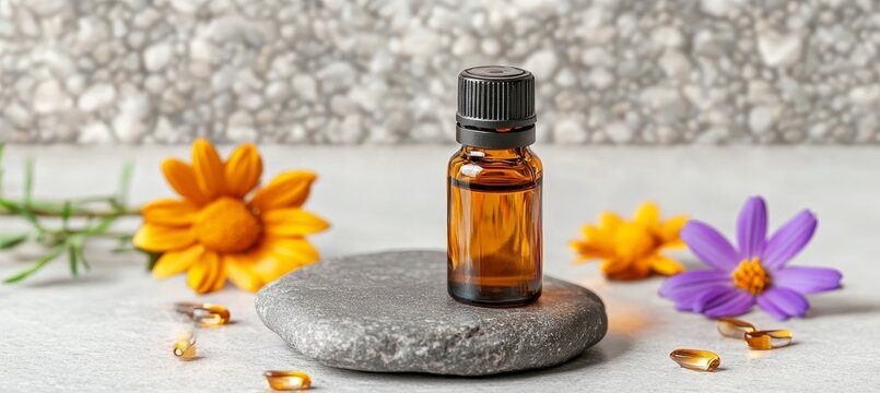 Aromatherapy Essential Oil in Amber Bottle on Stone Surrounded by Wild Flowers and Capsules