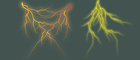 Striking depiction of lightning bolts in yellow and red, set against a muted dark gray backdrop.