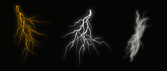 Three distinct lightning strikes illuminating the darkness with vibrant colors