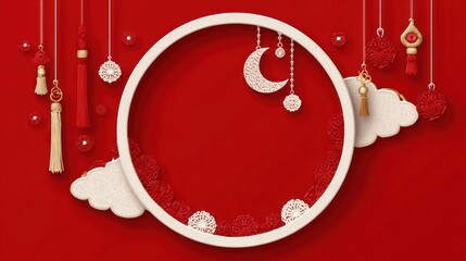 Decorative circular frame design with hanging festive ornaments on a vibrant red background