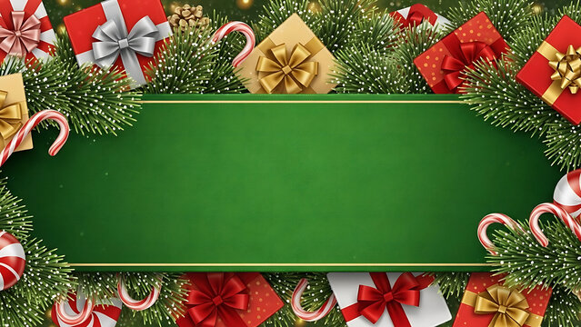 Christmas holiday banner frame with green chalkboard and festive gift box border - Powered by Adobe