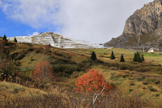 Dolomite landscape in autumn mist near St. Palua, South Tyrol, Italy