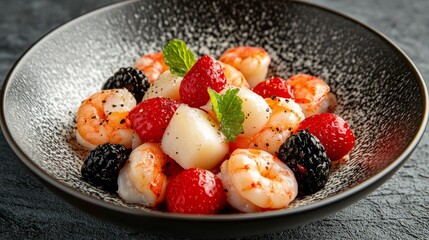 Colorful Seafood Platter with Fresh Fruits on a Dark Plate for an Elegant Dining Experience