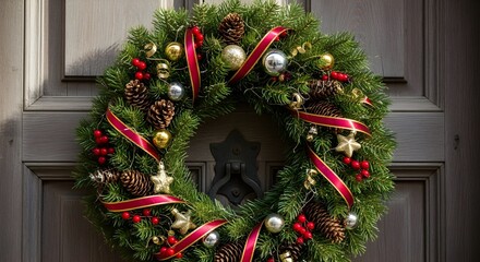 A Christmas wreath adorns a gray door, decorated with ornaments, pinecones, red ribbon, and berries.