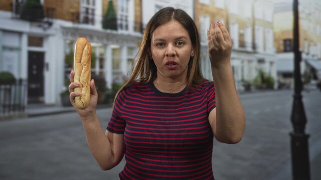 Woman holding baguette in raised left hand and making pinched fingers gesture on street while wearing striped shirt and pursed lips; hunger annoyance.