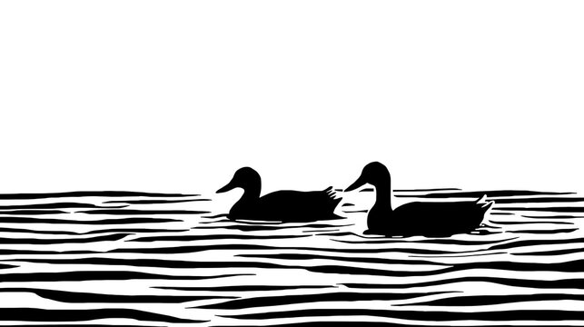 Two black silhouettes of ducks swimming on rippling water - Powered by Adobe