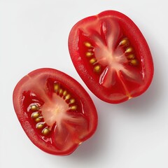 Fresh ripe red plum tomato cut in half closeup showing seeds and pulp on white background