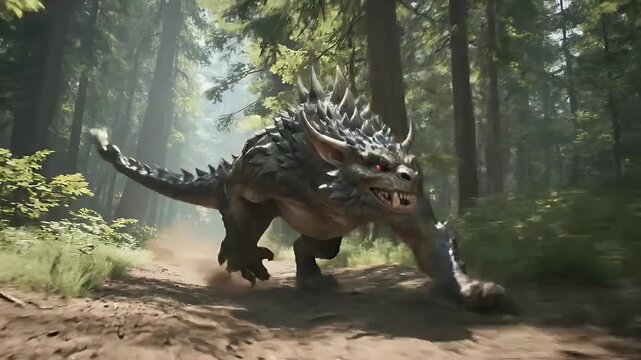 Aggressive fantasy monster creature roaring in a sunlit ancient forest path