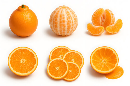 Fresh oranges and tangerines in various stages whole sliced peeled and segments on white background citrus sweet nutritious concept