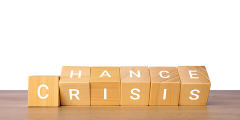 Wooden blocks with words chance and crisis symbolizing risk and opportunity, isolated on transparent background