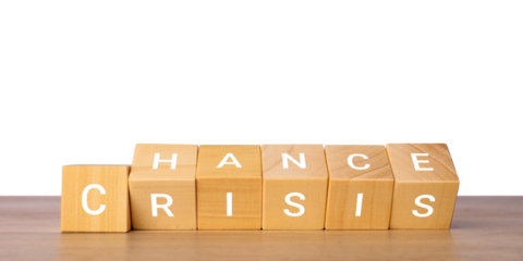 Wooden blocks with words chance and crisis symbolizing risk and opportunity, isolated on transparent background