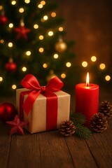 Christmas theme - present box and candle with Christmas tree in the background
