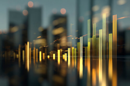 Golden data bars rising over futuristic city skyline, representing digital finance, growth, analytics, and innovation concept.