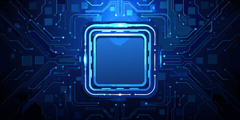 Abstract blue circuit board design with central processor unit illustration