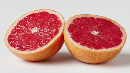 Ripe juicy red grapefruit cut in half showing its vibrant flesh on clean white background