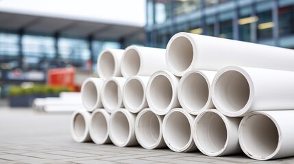 White plastic PVC pipes stacked outdoors at construction site in front of modern building