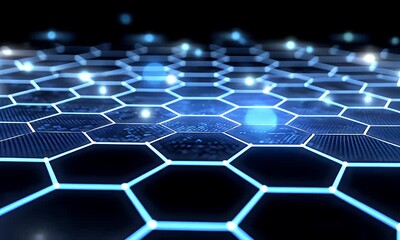 Abstract digital network of glowing blue hexagonal nodes and lines against a dark background representing interconnected data and technology concepts - Powered by Adobe