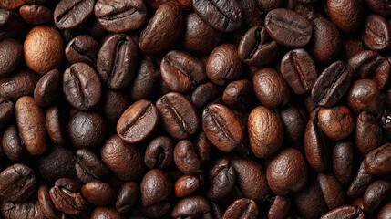 Naklejka premium Close-up top view of numerous coffee beans, showcasing rich brown tones and natural texture. The scene evokes freshness, coffee culture, brewing, aroma, and culinary appeal for coffee lovers.