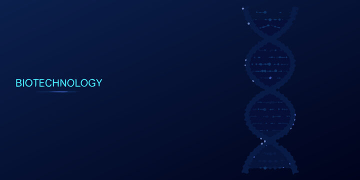 Abstract dna strand on dark blue background with biotechnology text