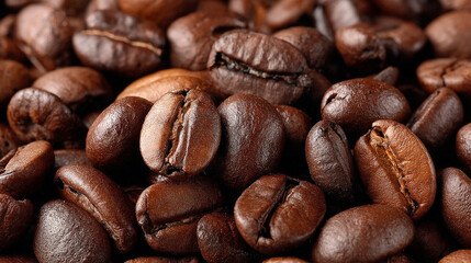 Naklejka premium Close-up top view of numerous coffee beans, showcasing rich brown tones and natural texture. The scene evokes freshness, coffee culture, brewing, aroma, and culinary appeal for coffee lovers.