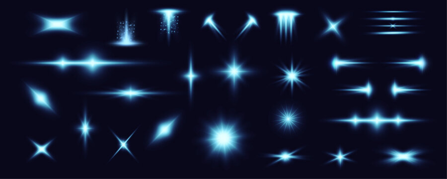 Blue star set shines with white light glow. Radiant beams of light extend outward elegantly.Sparkling dust, tiny stars, and light bursts float around. Vector illustration.
