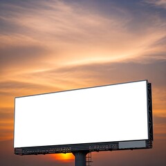 Mock up image: wide blank white billboard or large display and clouds against sunset warm sky. Consumerism, mockup, advertising, isolated white screen, background, template, copyspace concept