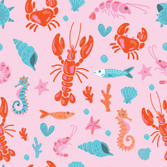 Naklejka premium Seamless pattern with sea animals including octopus, lobster, dolphin, squid, shrimp, crab, fish, and seahorse. Hand drawn imperfect background.