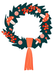 Christmas wreath of spruce branches, balls, fringe and Holly, mushrooms.  Christmas Home Decor. Ideal for Happy new year cards, flyers. Trendy objects for cozy winter time