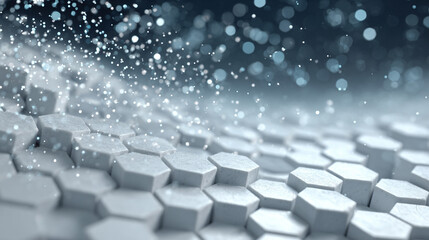 Modern futuristic background featuring white hexagonal metallic grid with abstract geometric patterns. The scene evokes technology, innovation, digital design, scientific concepts, and dynamic seismic