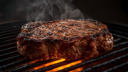 closeup of a juicy sizzling steak cooking on a hot grill with rising smoke detailed texture and rich browning creating a mouthwatering barbecue scene full of flavor heat and culinary atmosphere