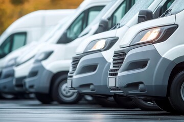 Obraz premium Fleet of Modern Commercial Vans Aligned in a Parking Lot, Showcasing Corporate Mobility Solutions