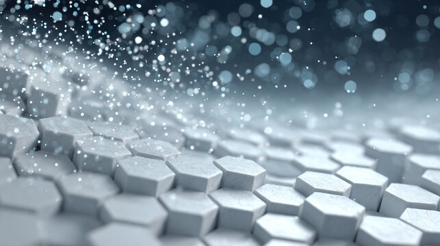 Modern futuristic background featuring white hexagonal metallic grid with abstract geometric patterns. The scene evokes technology, innovation, digital design, scientific concepts, and dynamic seismic - Powered by Adobe