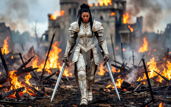 Epic female knight in white armor with a gold pattern walks through the burning ruins of a battlefield