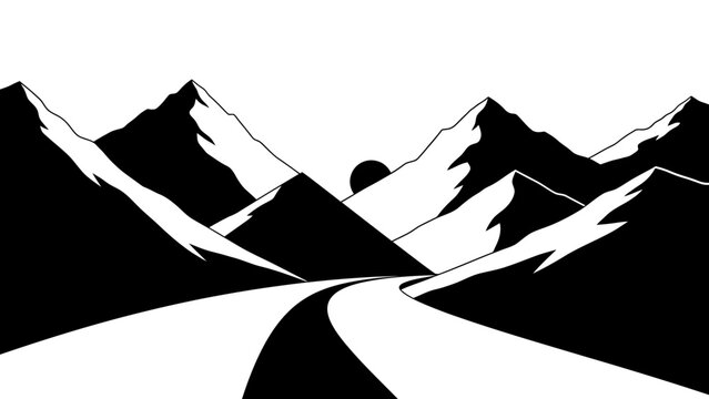 Monochromatic Mountain Road Landscape with Setting Sun.