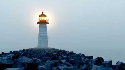 Fototapeta premium Majestic Lighthouse Standing Tall Against a Serene Coastal Landscape, Guiding Sailors Safely Home