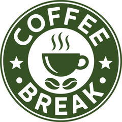 Coffee Break Vector Featuring Steaming Cup, Bold Circular Typography, Beans, Stars, and Green Emblem for Café-Themed Branding Design.