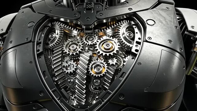 Close up of a robotic chest with exposed gears and mechanical heart.