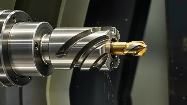 Close-up of a CNC machine spindle with a cutting tool, showcasing precision engineering and industrial manufacturing processes.