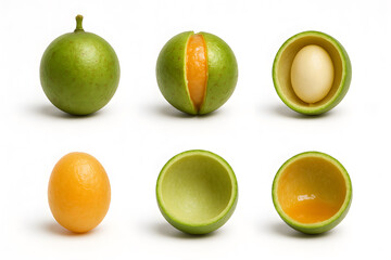 Kumquat dissection stages showing whole halved and sliced small citrus fruit isolated on white educational food photography healthy nutrition concept