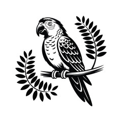 Parrot perched on a branch, silhouette vector design on a white background