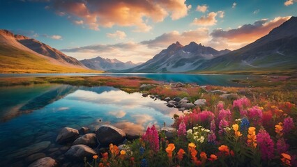 Stunning Landscape View of Mountains, Flowers, and Tranquil Lake at Sunset in a Peaceful Natural Setting