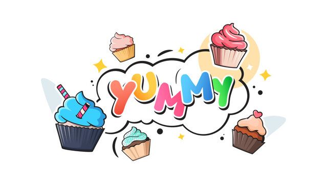 Vibrant "YUMMY" cartoon typography vector surrounded by four floating colorful cupcakes and star details. Perfect for bakery menus, sweet advertisements, food blogs, and children's party promotions