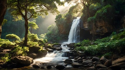 Waterfall Cascades Through Lush Jungle Landscape During Golden Hour Near a Rocky Stream
