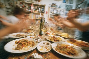 Party Celebration with Blurred Motion Dining Scene