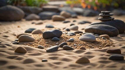 Balanced Stones on Sandy Surface in Peaceful Garden Setting During Daylight