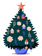 Christmas tree in the pot with toys, flowers, stars. Vector illustration. Perfect for a postcard or poster for winter holidays