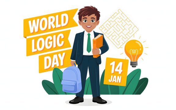 Young man celebrates world logic day with books and backpack